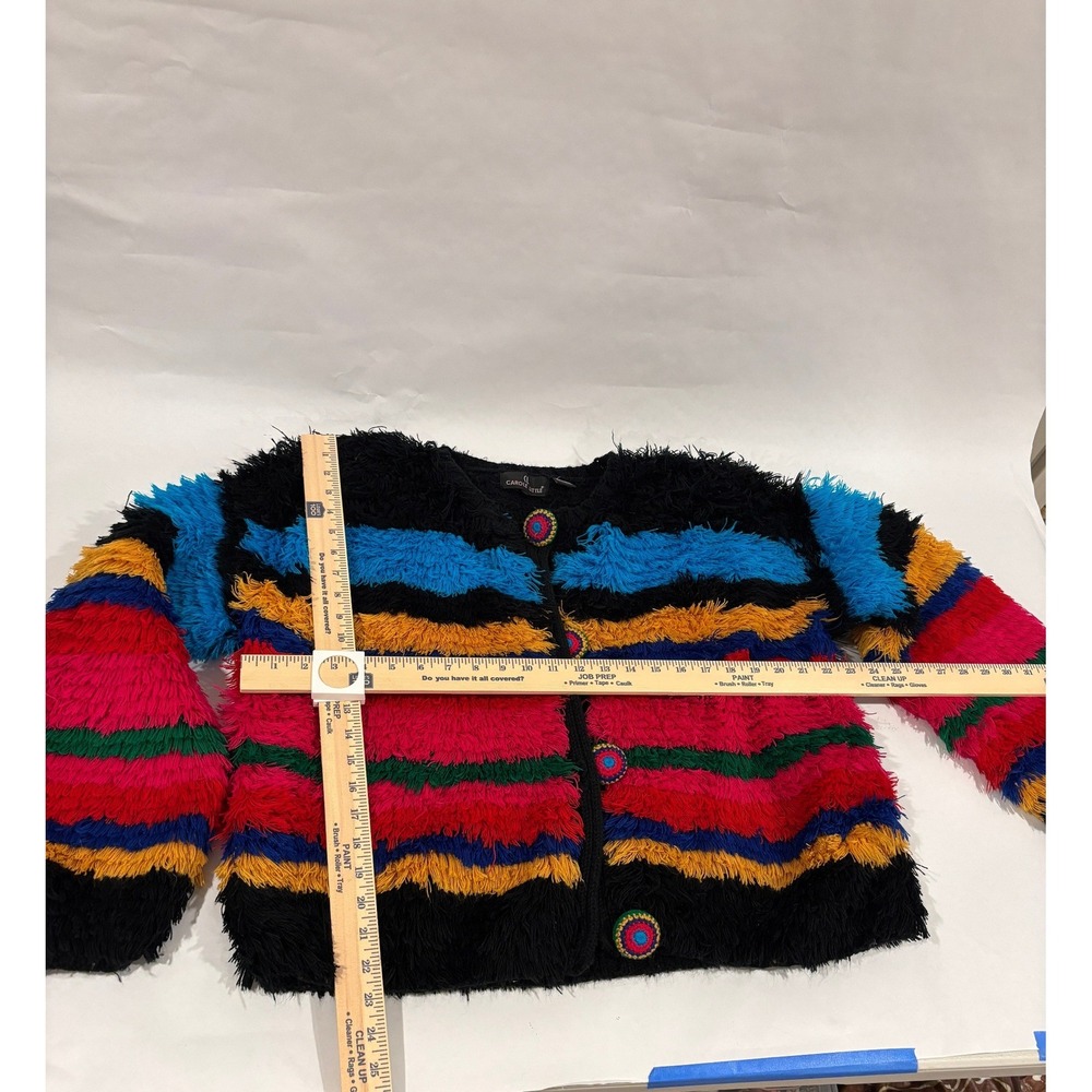 Carole Little Cardigan Multi-Color Striped Shaggy Eyelash Knit Crochet Buttons - Picture 8 of 8